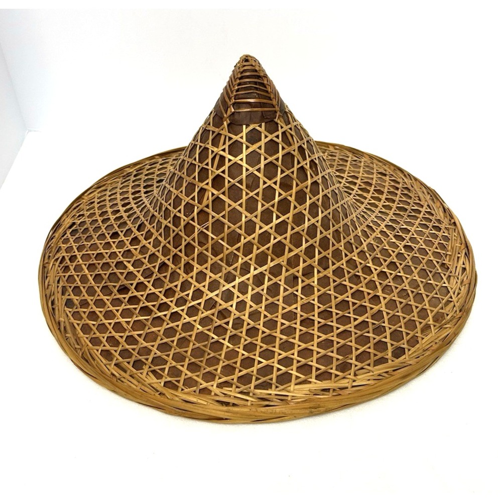 Vintage Hand-Woven Sun Hat Rattan Conical Coolie Summer Gardening Hat